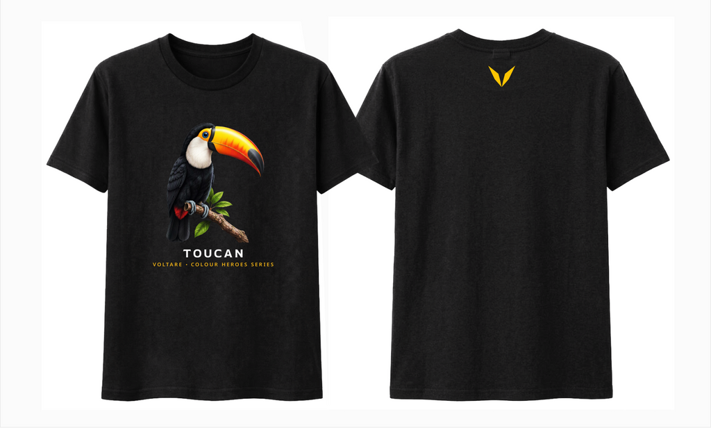 Front and back preview of the black Voltare Toucan Colour Heroes Worldwide T-shirt, with toucan artwork on the front and a yellow Voltare V on the back.