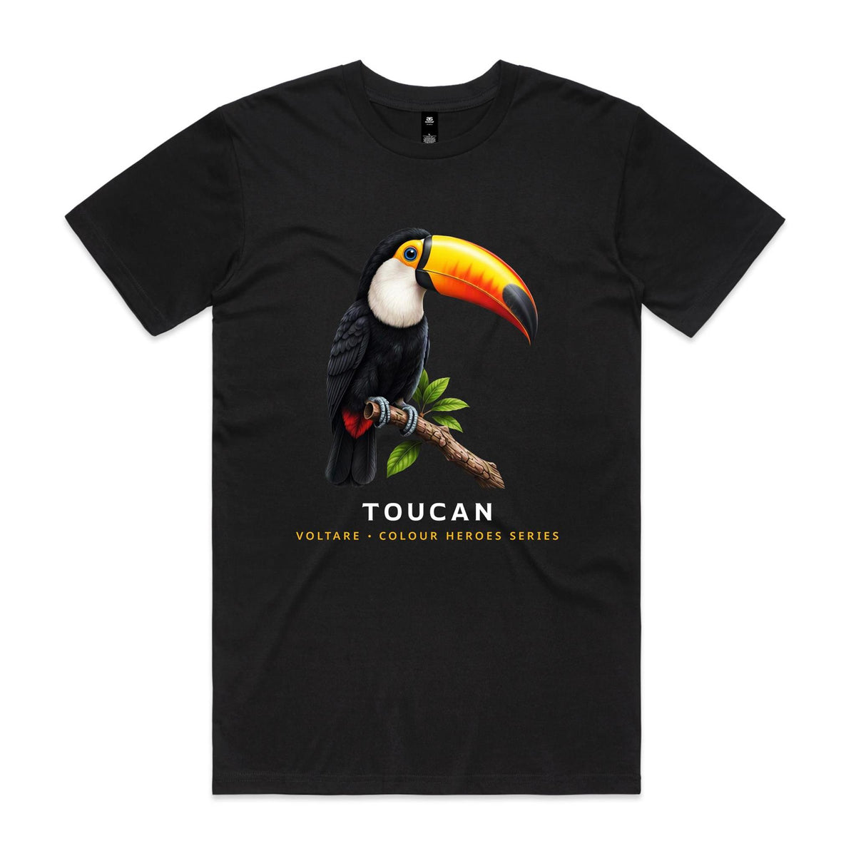 Front of the black Voltare Toucan Colour Heroes Worldwide T-shirt with a toucan, yellow-orange beak and white throat, perched on a leafy branch.