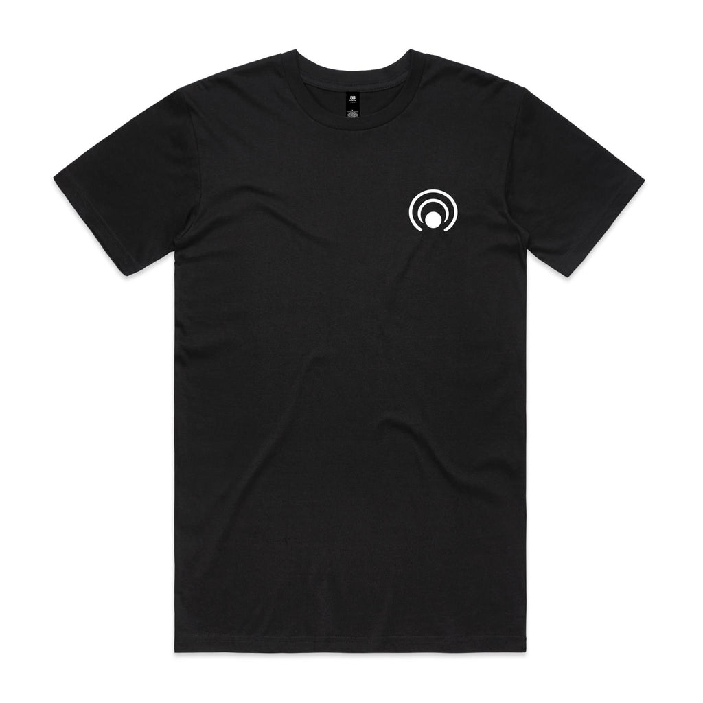 Front of the Black Voltare Touchpoint Minimalist Tech tee with a small white touch-activation-inspired emblem on the left chest