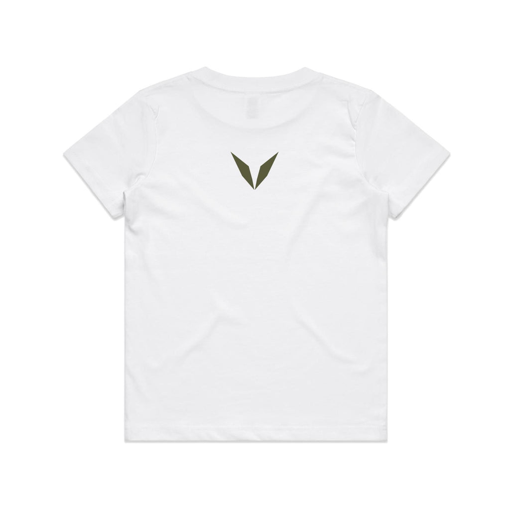 Back of the white Voltare Triceratops kids tee with a dark olive-green Voltare V below the neckline.
