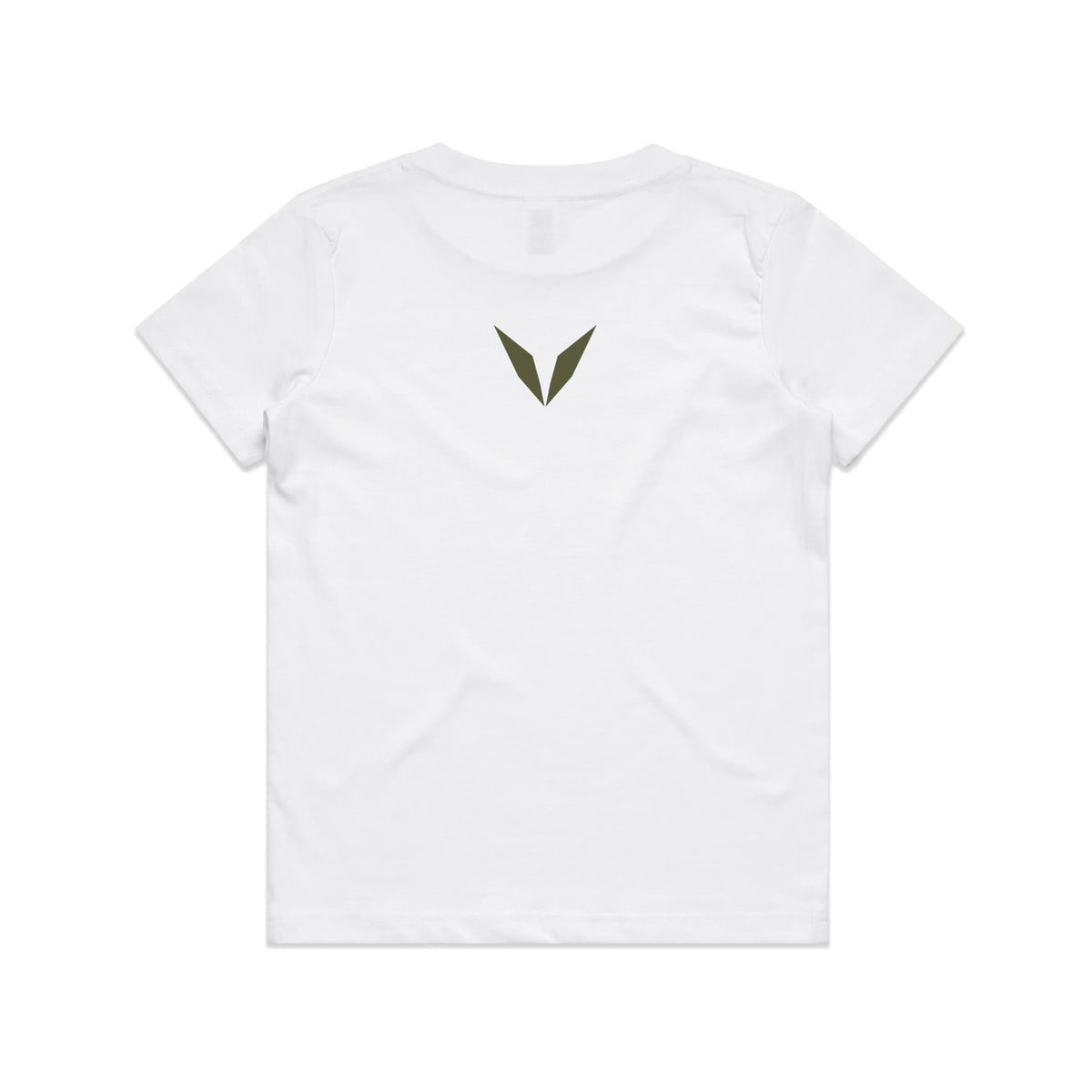Back of the white Voltare Triceratops kids tee with a dark olive-green Voltare V below the neckline.
