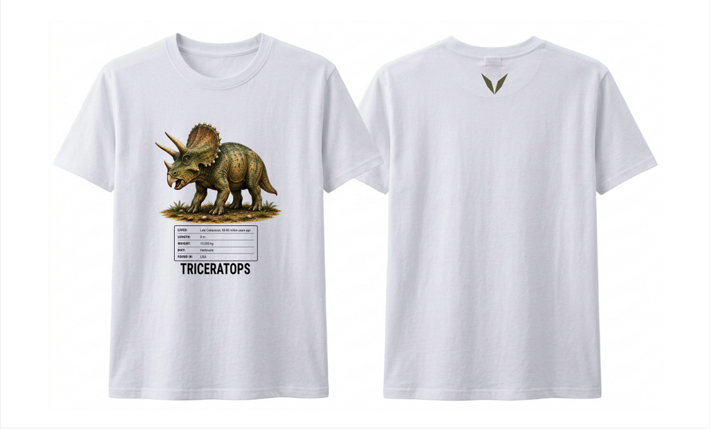 Front and back preview of the white Voltare Triceratops kids tee, showing dinosaur artwork and facts on the front and a dark olive-green V on the back.