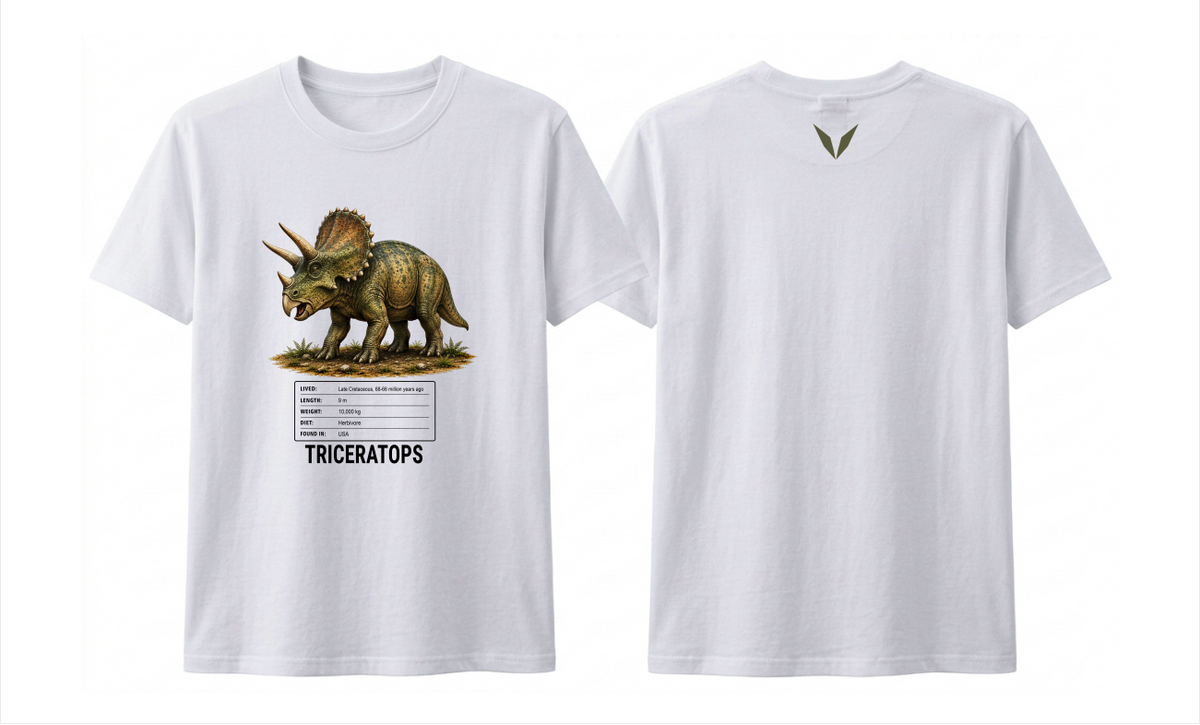 Front and back preview of the white Voltare Triceratops kids tee, showing dinosaur artwork and facts on the front and a dark olive-green V on the back.