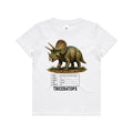 White Voltare kids tee featuring an olive-green and golden-brown Triceratops with three ivory-coloured horns, a broad frill, a dinosaur facts panel and black Triceratops lettering.