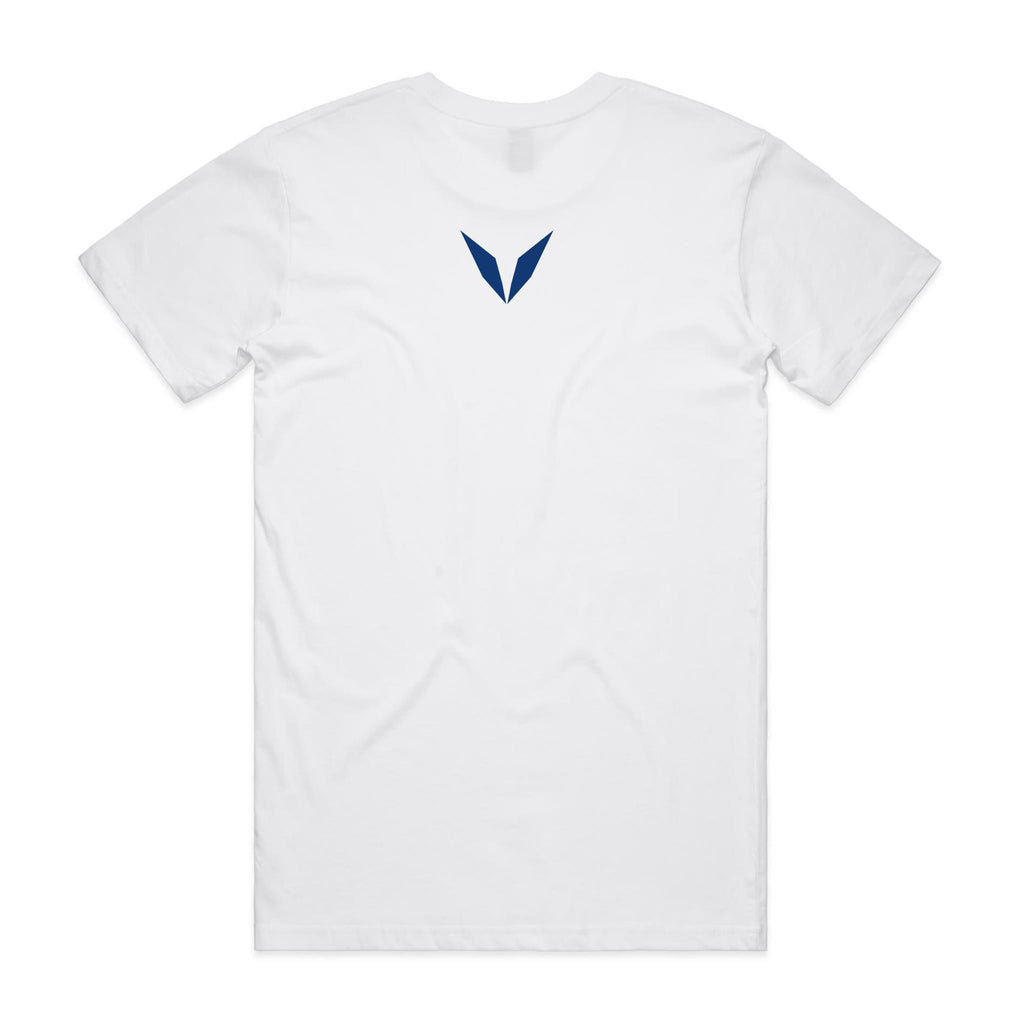 Back of the White Voltare Trout Coldwater Ghost Fishing tee with a blue Voltare V high on the back