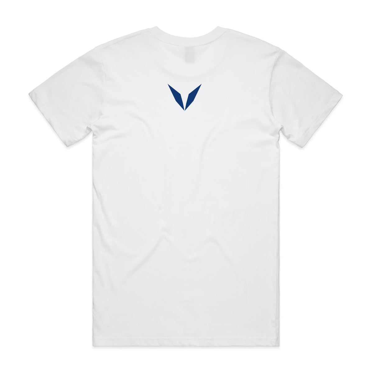 Back of the White Voltare Trout Coldwater Ghost Fishing tee with a blue Voltare V high on the back