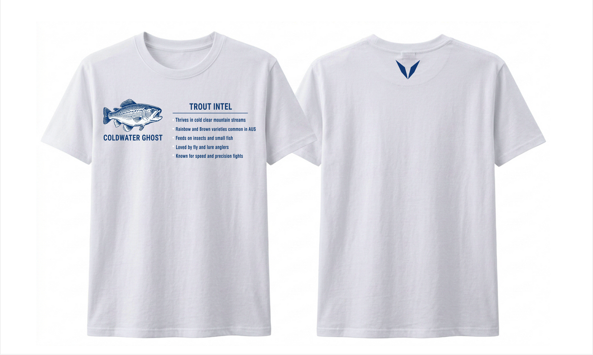 Front and back preview of the White Voltare Trout Coldwater Ghost Fishing tee with blue-and-white trout artwork, a fishing fact panel and a blue back V