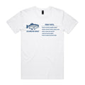 White Voltare Trout Coldwater Ghost fishing tee featuring a blue-and-white trout illustration, Coldwater Ghost lettering and a Trout Intel fishing fact panel