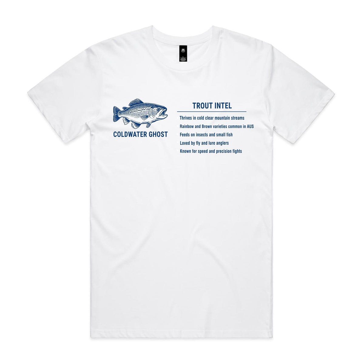 White Voltare Trout Coldwater Ghost fishing tee featuring a blue-and-white trout illustration, Coldwater Ghost lettering and a Trout Intel fishing fact panel