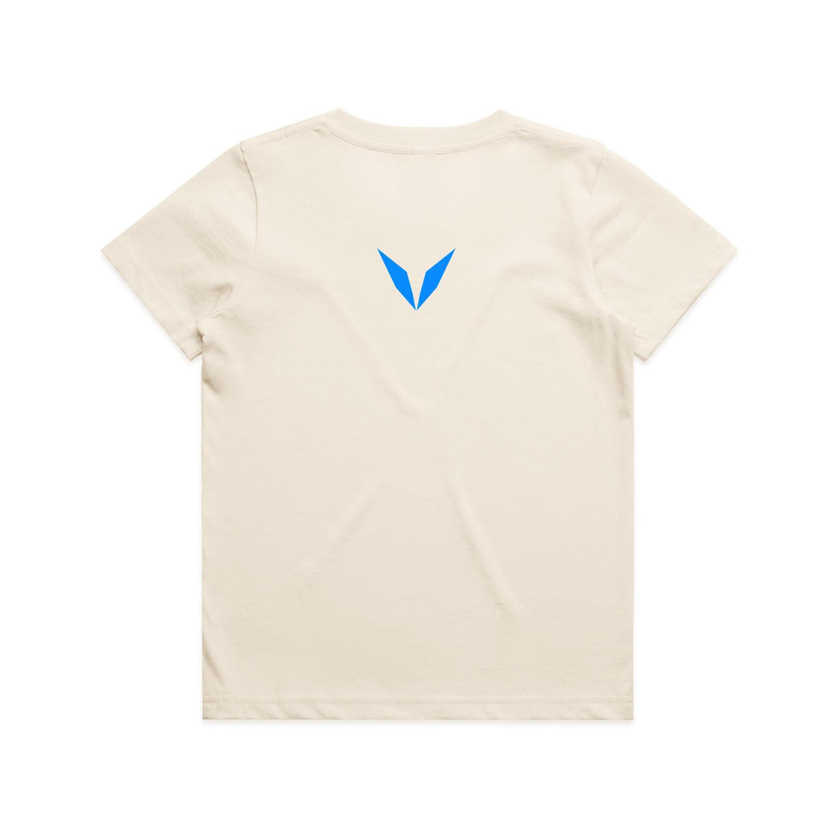 Back of Voltare Turtle Tiny Explorers kids tee in Ecru with bright-blue Voltare V logo