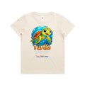 Front of Voltare Turtle Tiny Explorers kids tee in Ecru with cheerful sea turtle artwork, blue water, bubbles and a lifespan fact