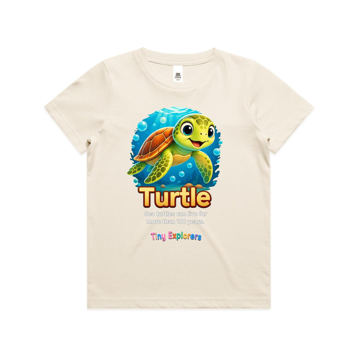 Front of Voltare Turtle Tiny Explorers kids tee in Ecru with cheerful sea turtle artwork, blue water, bubbles and a lifespan fact
