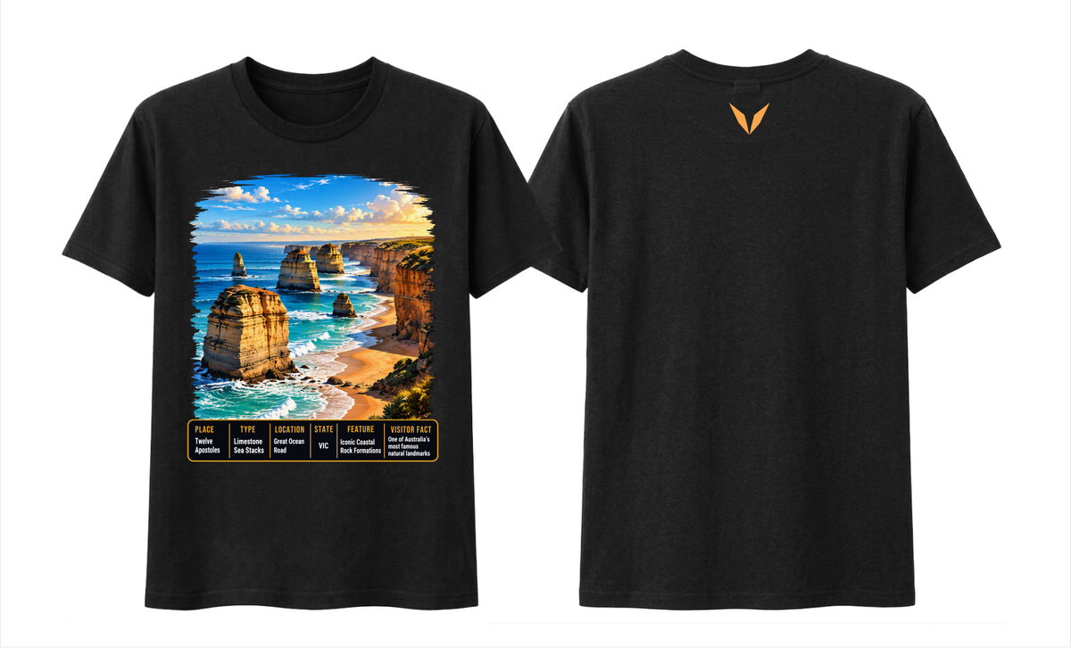 Combined front and back preview of Voltare Black Twelve Apostles T-shirt with coastal sea stacks, a fact panel and gold Voltare V.