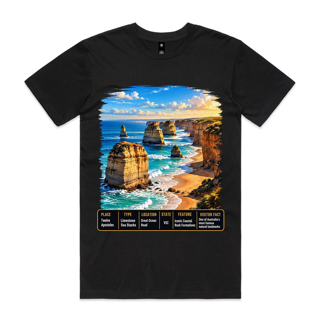 Front of Voltare Black Twelve Apostles T-shirt featuring golden limestone sea stacks, turquoise surf and a Victoria fact panel.