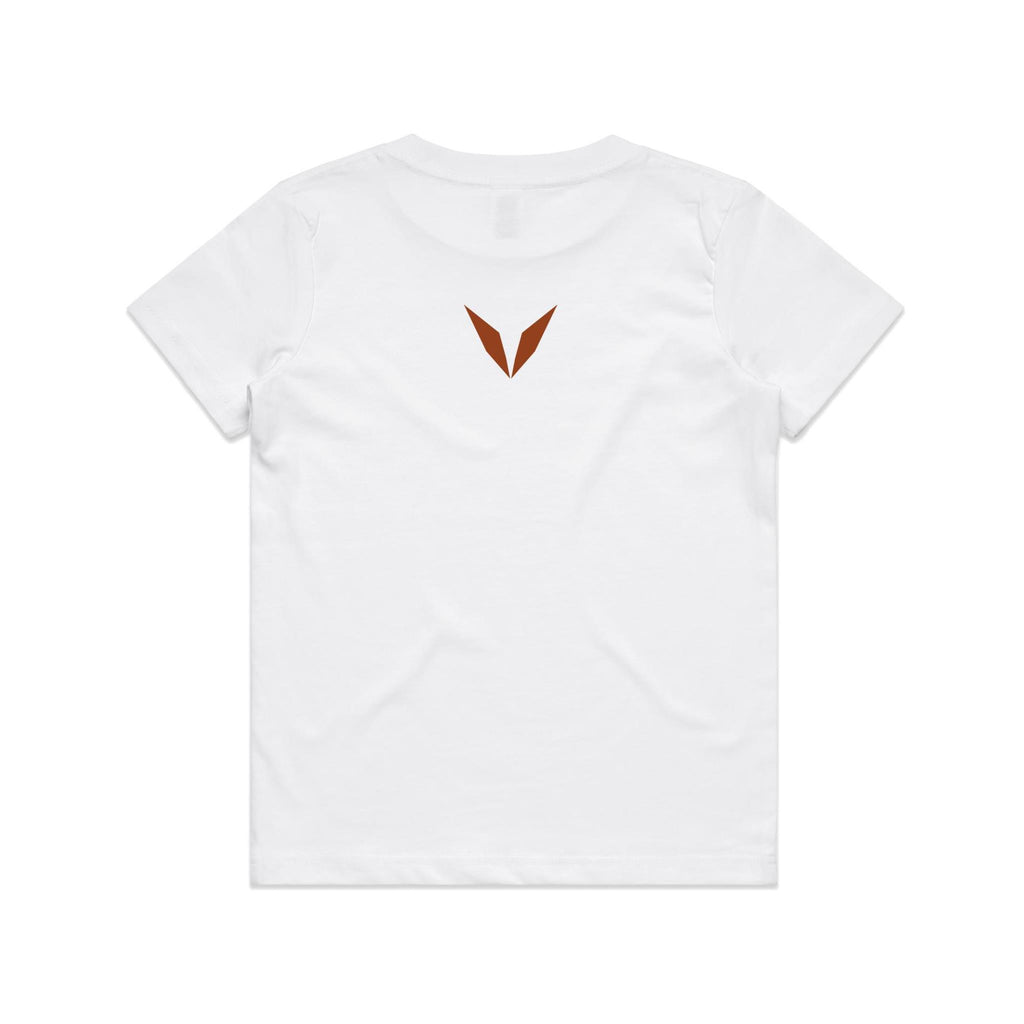 Back of the white Voltare Tyrannosaurus Rex kids tee with a rust-red Voltare V below the neckline.