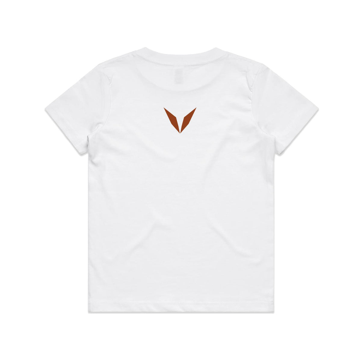 Back of the white Voltare Tyrannosaurus Rex kids tee with a rust-red Voltare V below the neckline.