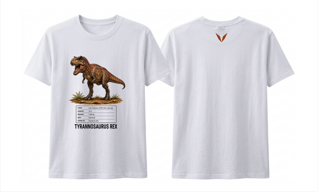 Front and back preview of the white Voltare Tyrannosaurus Rex kids tee, showing T. rex artwork and facts on the front and a rust-red V on the back.