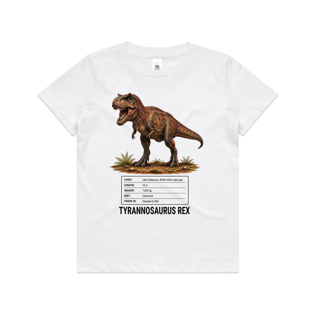 White Voltare kids tee featuring a golden-brown and charcoal Tyrannosaurus rex with rusty-red markings, an open tooth-filled mouth, a dinosaur facts panel and black Tyrannosaurus Rex lettering.