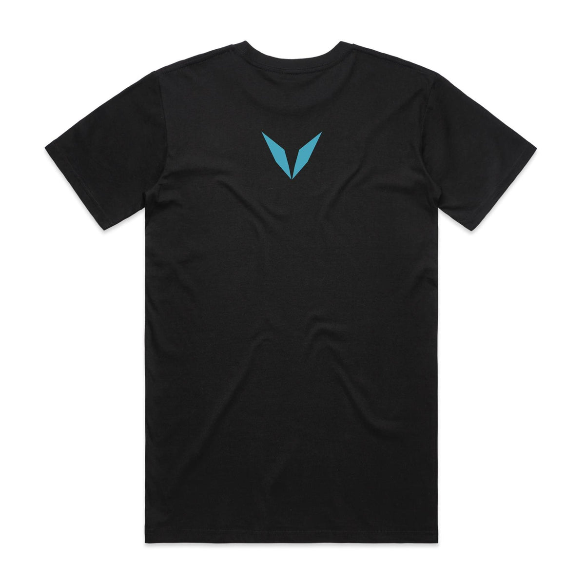 Back of Voltare Uranus Cosmic Wonders black tee with turquoise Voltare V logo