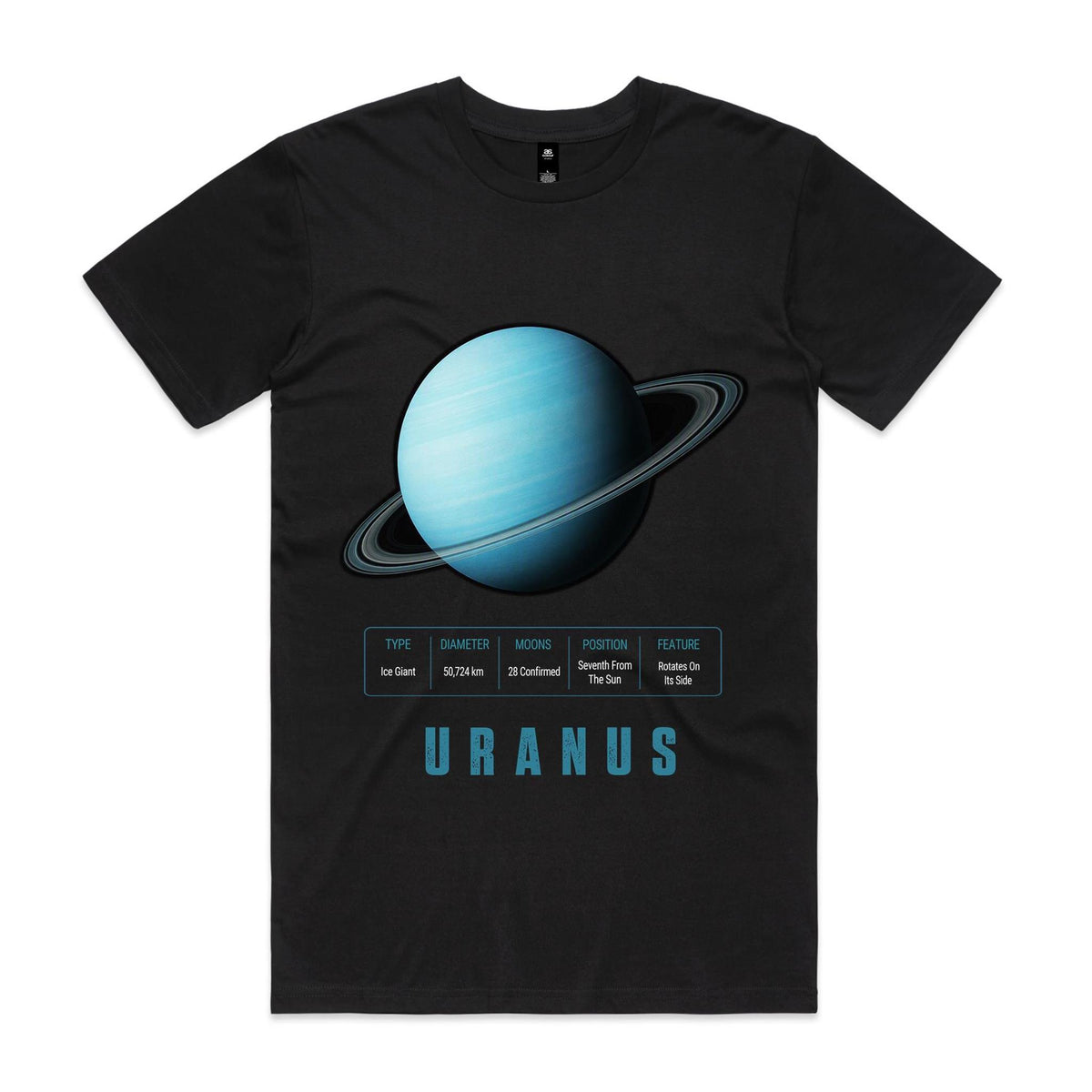Front of Voltare Uranus black tee with pale cyan planet artwork, delicate grey rings, planet-facts panel and teal lettering