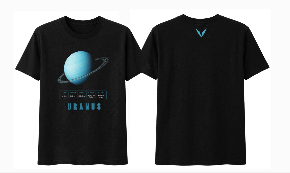 Front and back preview of Voltare Uranus black tee with ringed planet artwork, planet-facts panel and turquoise Voltare V logo