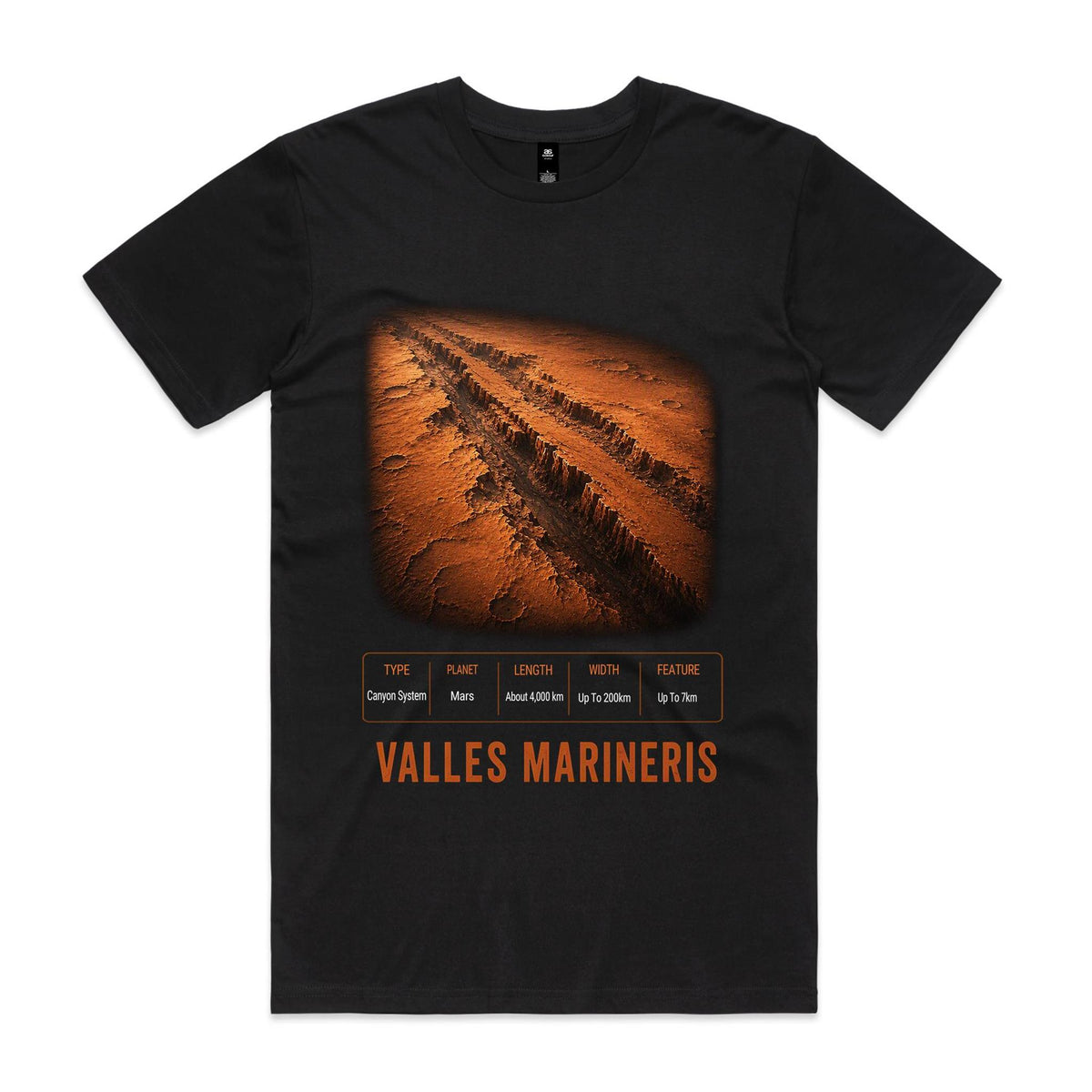 Front of Voltare Valles Marineris black tee with copper-orange Martian canyon artwork, steep cliffs, canyon-facts panel and orange lettering