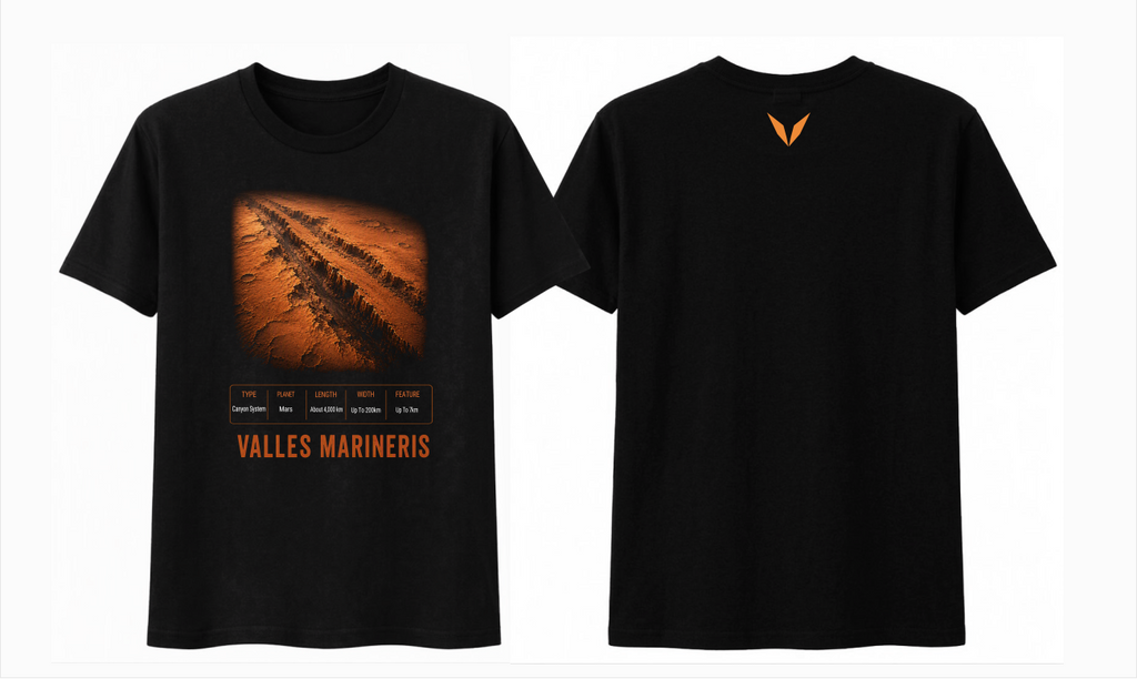 Front and back preview of Voltare Valles Marineris black tee with Martian canyon artwork, canyon-facts panel and orange Voltare V logo