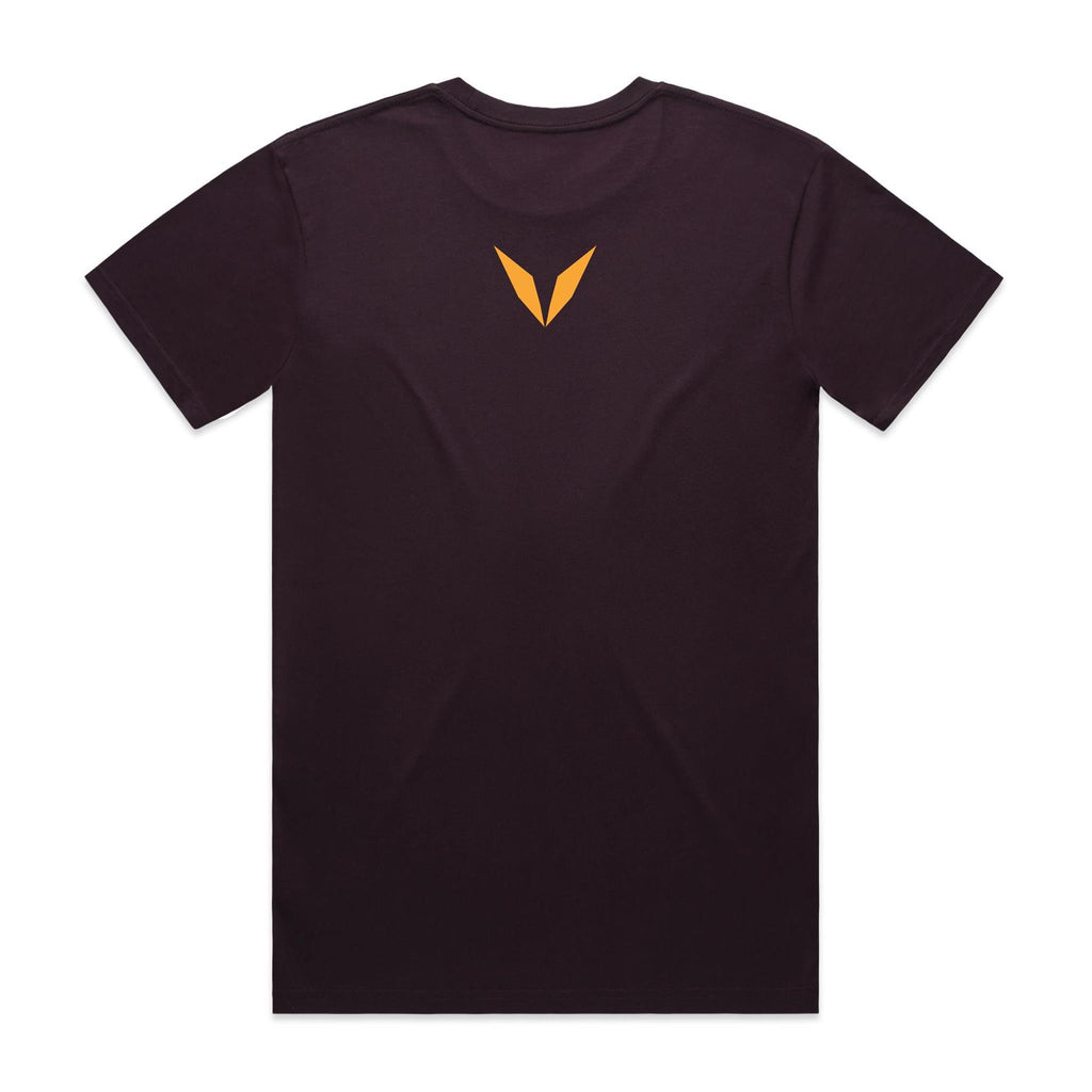 Back of the Plum Voltare Varangian Guard tee with a golden-orange Voltare V high on the back