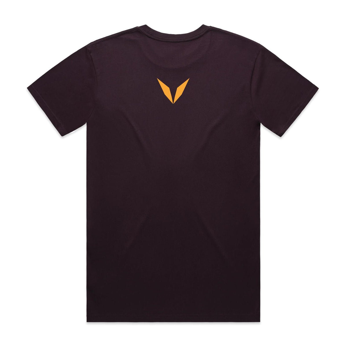 Back of the Plum Voltare Varangian Guard tee with a golden-orange Voltare V high on the back