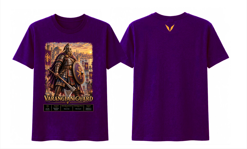 Front and back artwork preview of the Voltare Varangian Guard tee on a vivid-purple garment with axe-and-shield artwork and a golden-orange back V