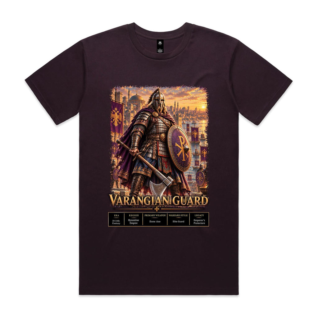 Plum Voltare Varangian Guard tee featuring an armoured guard with an axe and round shield, harbour scenery and historical fact panels