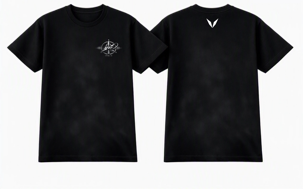 Front and back of Voltare Vector Strike black graphic tee showing geometric left-chest artwork and white Voltare V