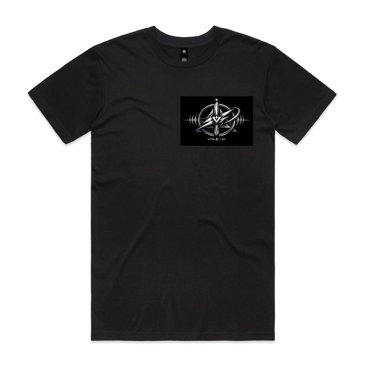 Front of Voltare Vector Strike black graphic tee with silver-toned geometric V artwork on the left chest