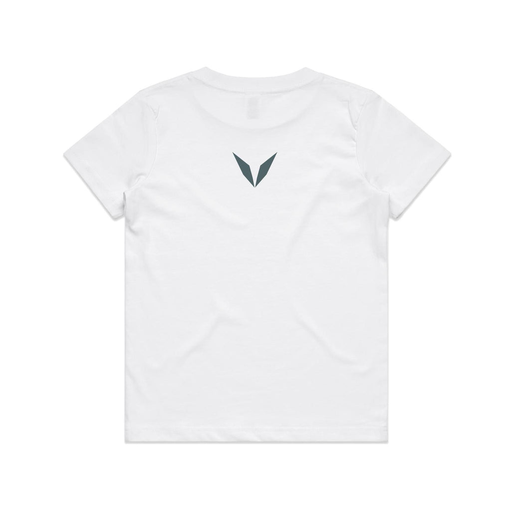 Back of the white Voltare Velociraptor kids tee with a slate-grey Voltare V below the neckline.