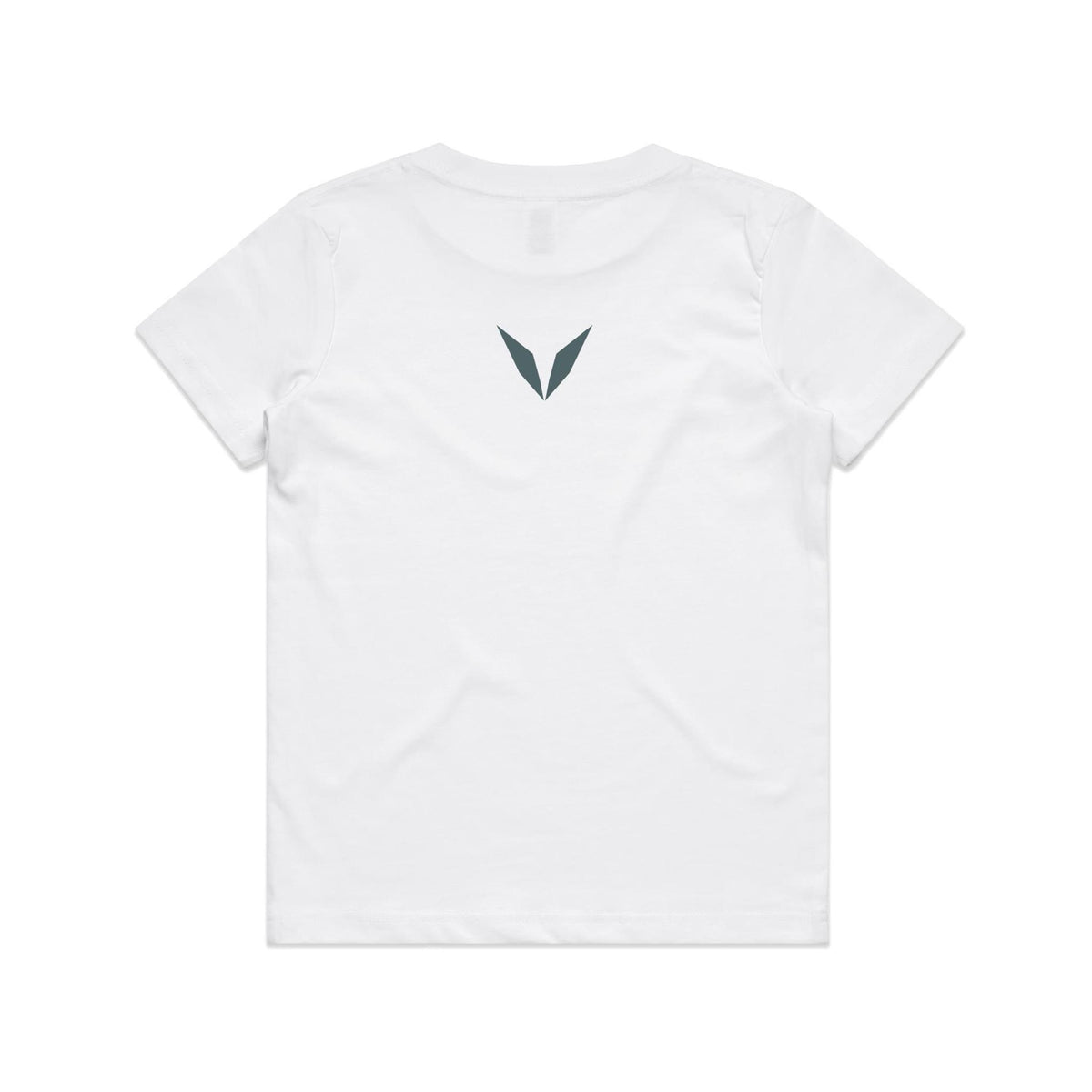 Back of the white Voltare Velociraptor kids tee with a slate-grey Voltare V below the neckline.