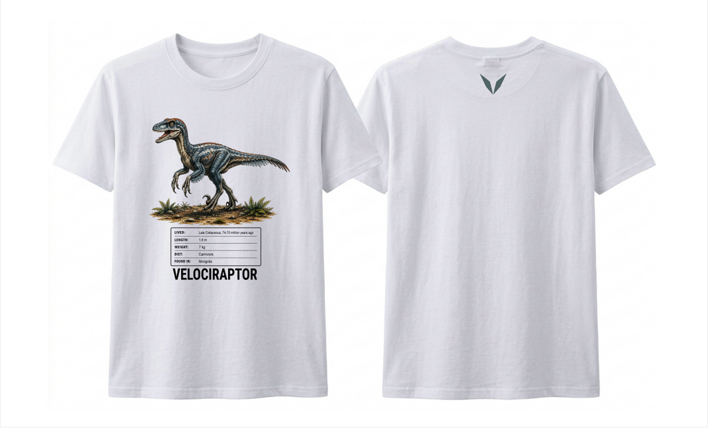 Front and back preview of the white Voltare Velociraptor kids tee, showing feathered dinosaur artwork and facts on the front and a slate-grey V on the back.