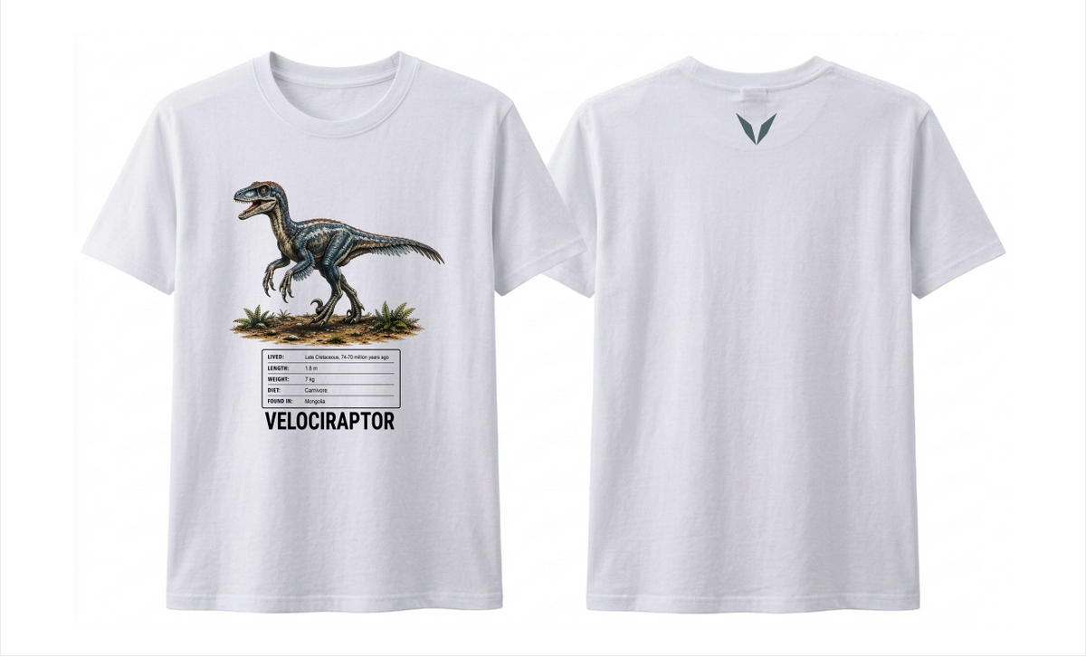 Front and back preview of the white Voltare Velociraptor kids tee, showing feathered dinosaur artwork and facts on the front and a slate-grey V on the back.