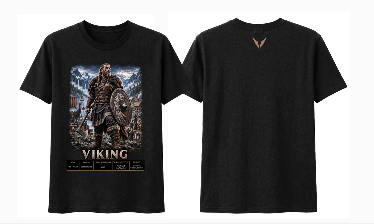 Front and back preview of the Black Voltare Viking tee showing Norse warrior and longship artwork with a warm bronze-brown Voltare V