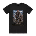 Black Voltare Viking tee featuring a warrior with an axe and dragon-emblem shield, longships, mountain harbour scenery and historical fact panels