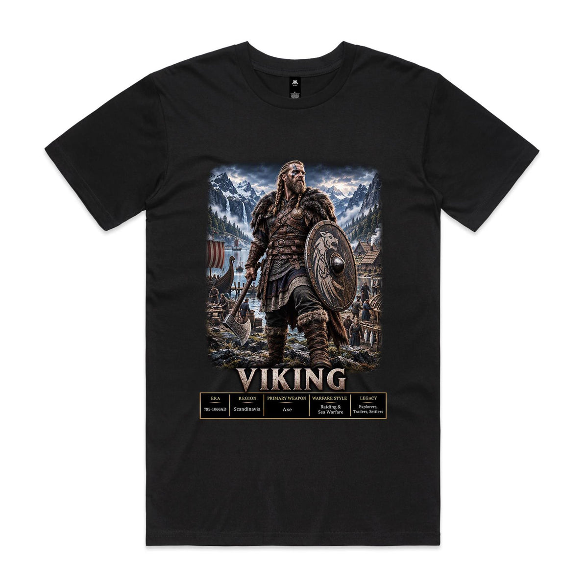 Black Voltare Viking tee featuring a warrior with an axe and dragon-emblem shield, longships, mountain harbour scenery and historical fact panels
