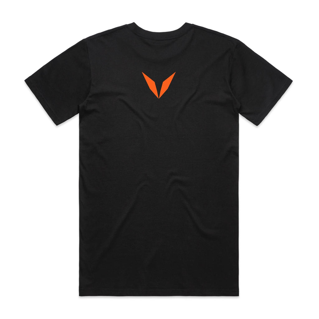 Back of Voltare Volcanic Lightning Phenomena black tee with bright-orange Voltare V logo