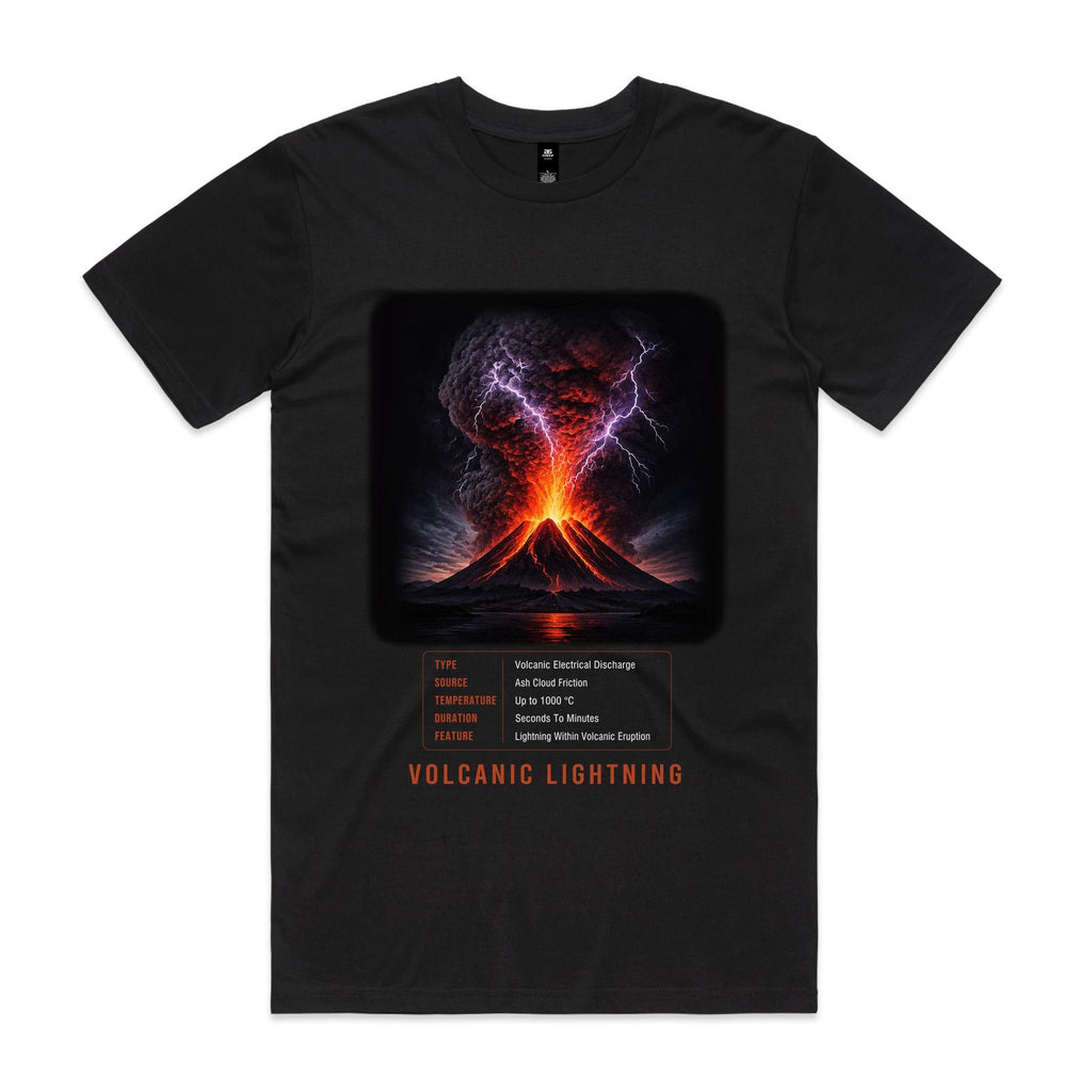 Front of Voltare Volcanic Lightning black tee with purple-white lightning above an erupting volcano, glowing lava, facts panel and orange lettering