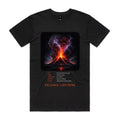 Front of Voltare Volcanic Lightning black tee with purple-white lightning above an erupting volcano, glowing lava, facts panel and orange lettering