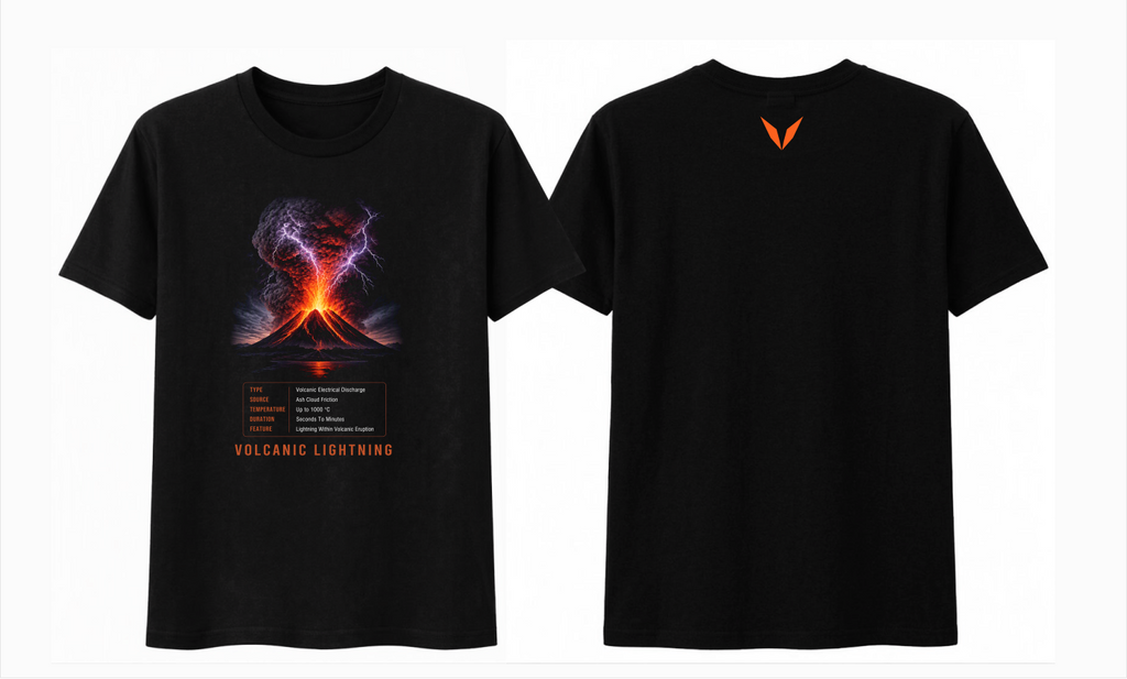 Front and back preview of Voltare Volcanic Lightning black tee with lightning and volcano artwork, facts panel and bright-orange Voltare V logo