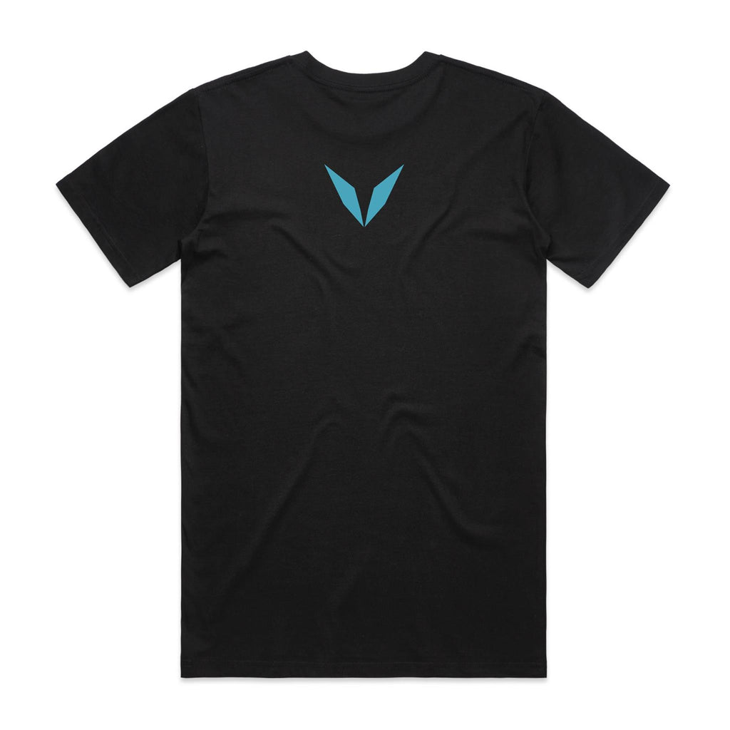 Back of Voltare Waterspout Phenomena black tee with teal Voltare V logo