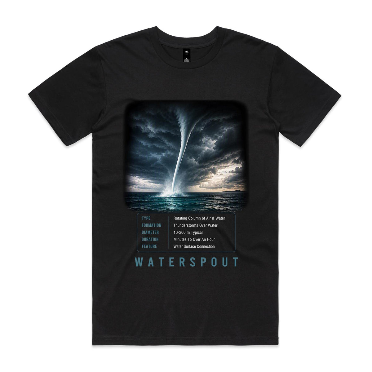 Front of Voltare Waterspout black tee with a white funnel beneath dark storm clouds over teal ocean water, weather-facts panel and teal lettering