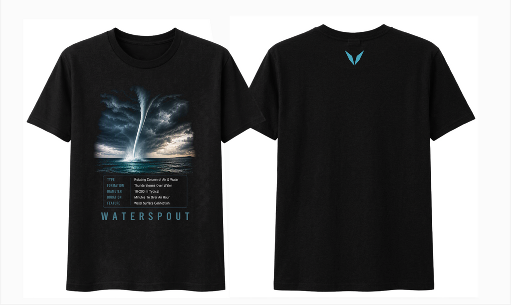 Front and back preview of Voltare Waterspout black tee with ocean funnel artwork, weather-facts panel and teal Voltare V logo