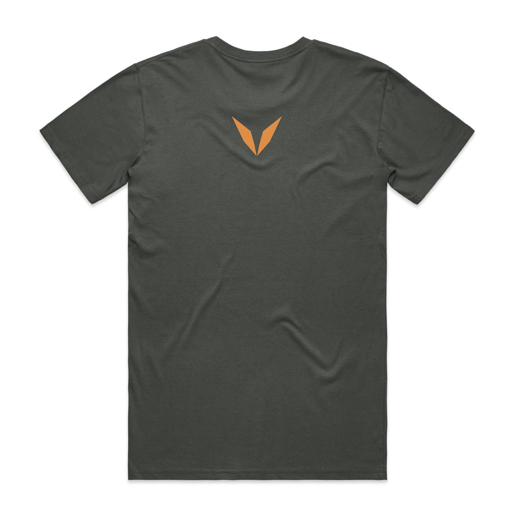 Back of the charcoal Voltare Wedge-tailed Eagle Sky Hunters T-shirt with a small orange-gold Voltare V logo at the upper back.
