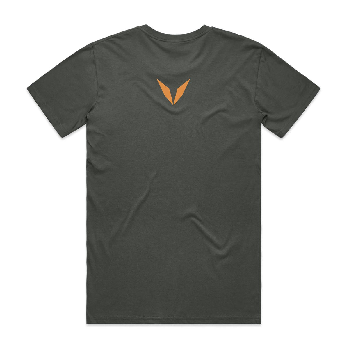 Back of the charcoal Voltare Wedge-tailed Eagle Sky Hunters T-shirt with a small orange-gold Voltare V logo at the upper back.