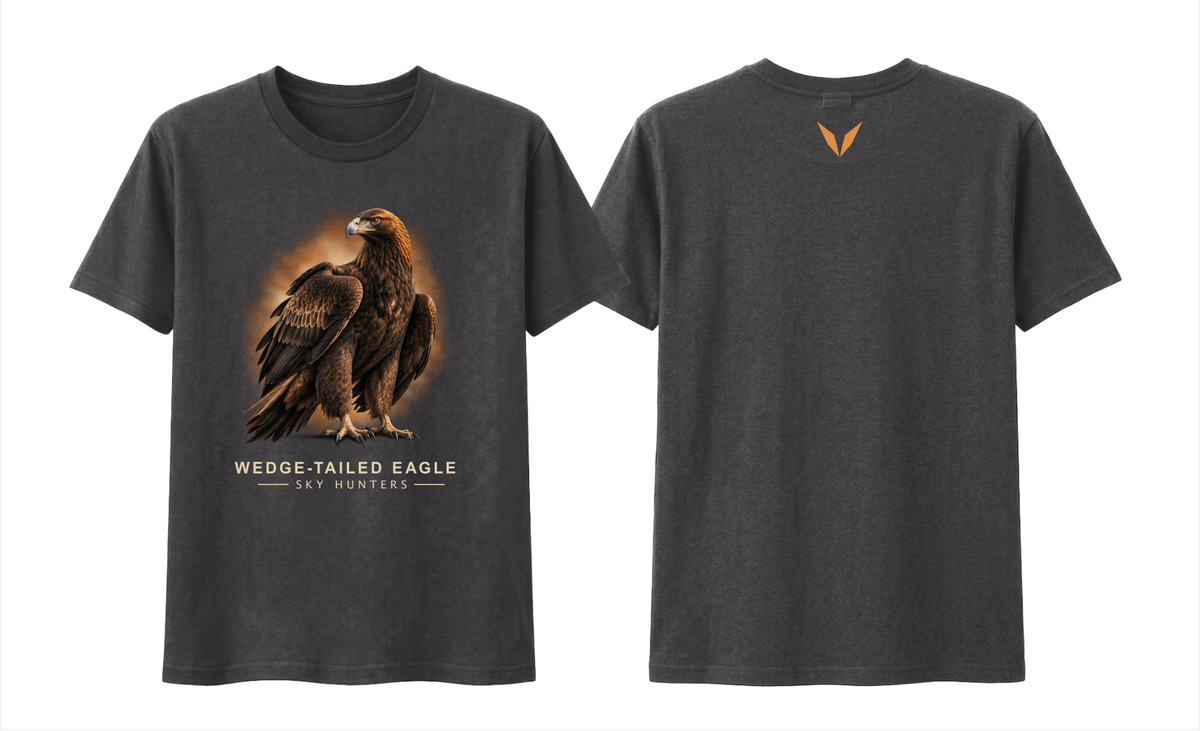 Front and back preview of the charcoal Voltare Wedge-tailed Eagle Sky Hunters T-shirt, with eagle artwork on the front and an orange-gold Voltare V on the back.